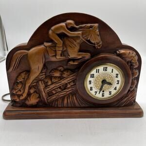 Vintage Lanshire Wood Mantle Clock Race Horse Jockey Decor Non Working